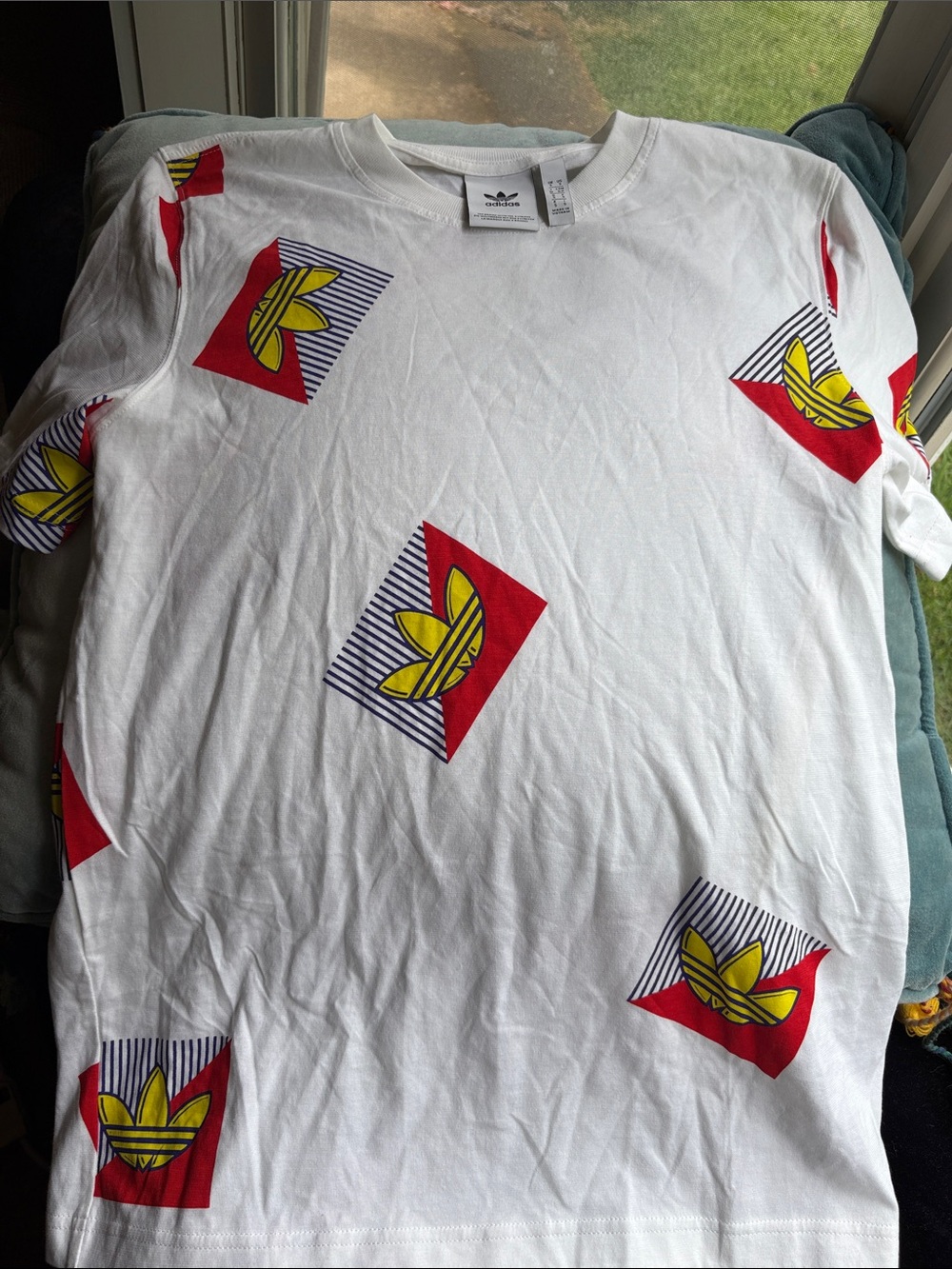 adidas White Short Sleeve Tee with Red and Yellow Trefoil Print NWOT